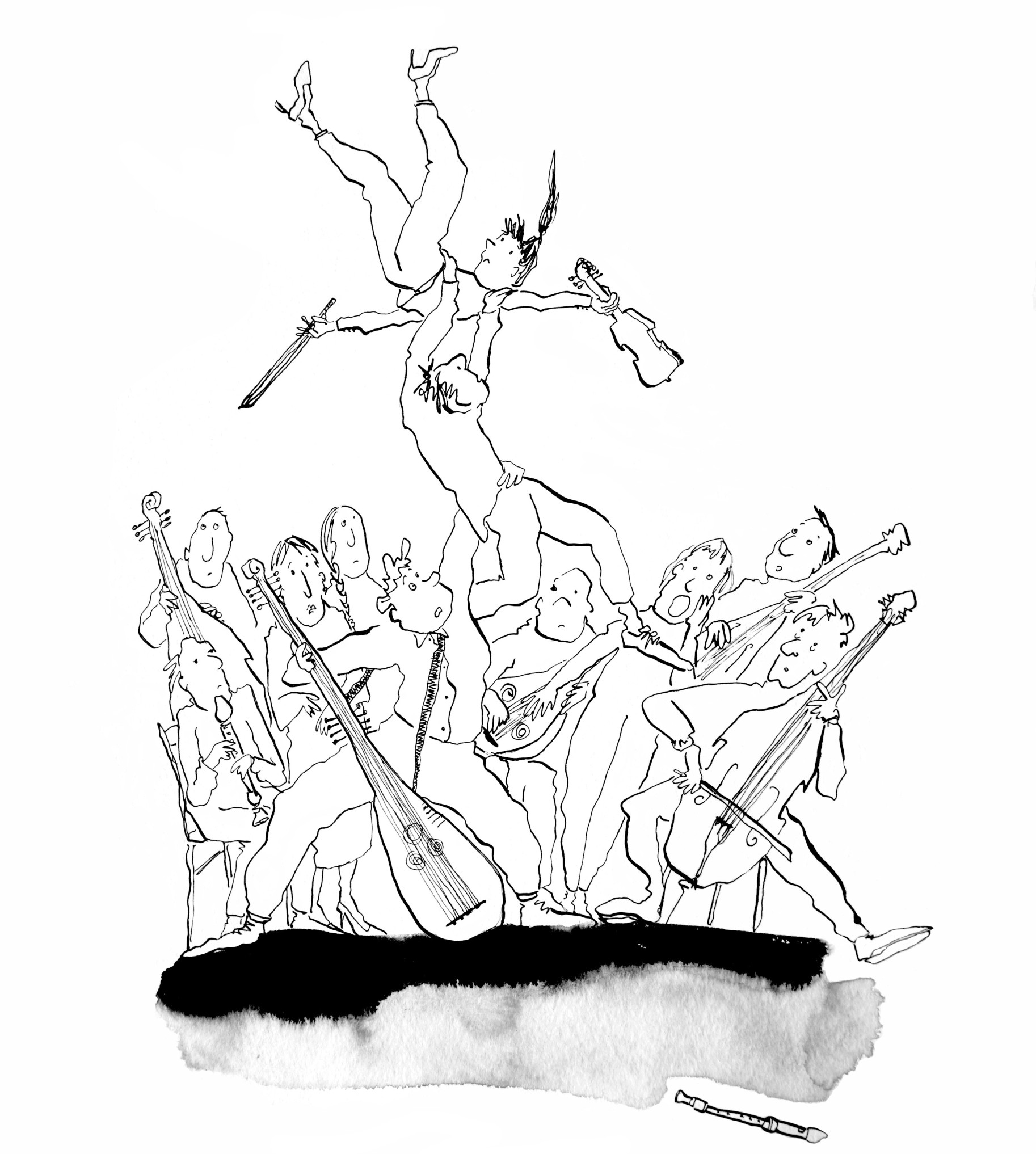 Dessin illustrant des musiciens faisant voler un des leurs